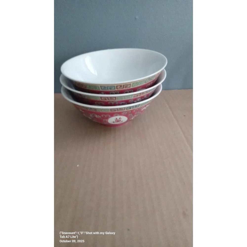 Vintage Chinese Porcelain Rice‎ Bowls Set of 3 Red Floral Asian Decor